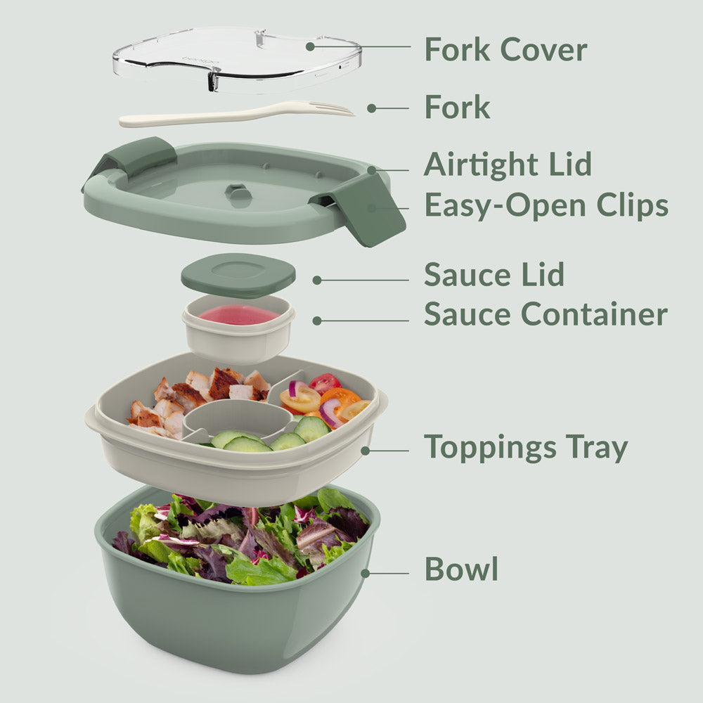 Bentgo® Salad Container (2-Pack) - Khaki Green | Includes Fork Cover, Fork, Airtight Lid, Easy-Open Clips, Sauce Lid, Sauce Container, Toppings Tray, And Bowl