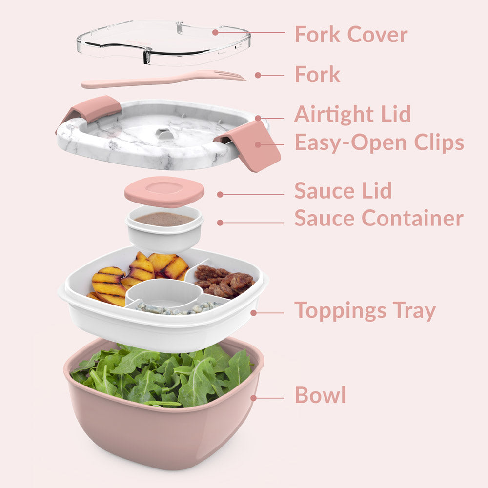 Bentgo® Salad Container (2-Pack) - Blush Marble | Includes Fork Cover, Fork, Airtight Lid, Easy-Open Clips, Sauce Lid, Sauce Container, Toppings Tray, And Bowl