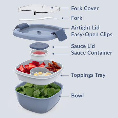 Bentgo® Salad Container (2-Pack) - Slate | Includes Fork Cover, Fork, Airtight Lid, Easy-Open Clips, Sauce Lid, Sauce Container, Toppings Tray, And Bowl