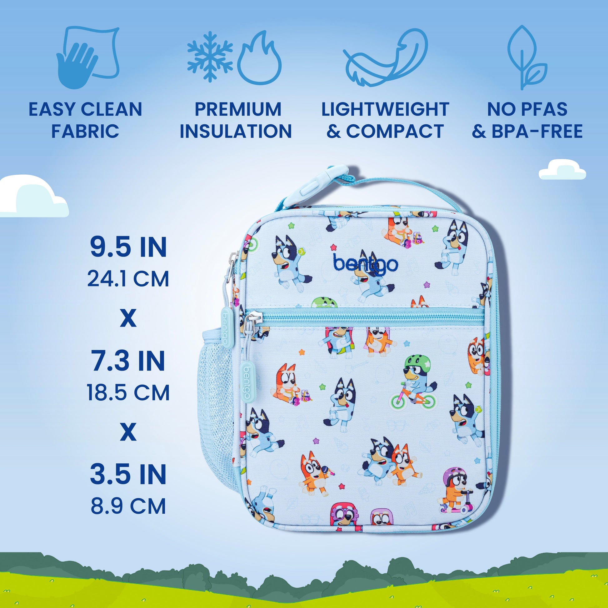 Bentgo + Bluey Kids Prints 5-Piece Lunch Box Set - Play Day | Leak-Proof Design, Dishwasher Safe Tray (Top Rack Only), Rubberized Bumper, No PFAs & BPA-Free | Product Dimensions