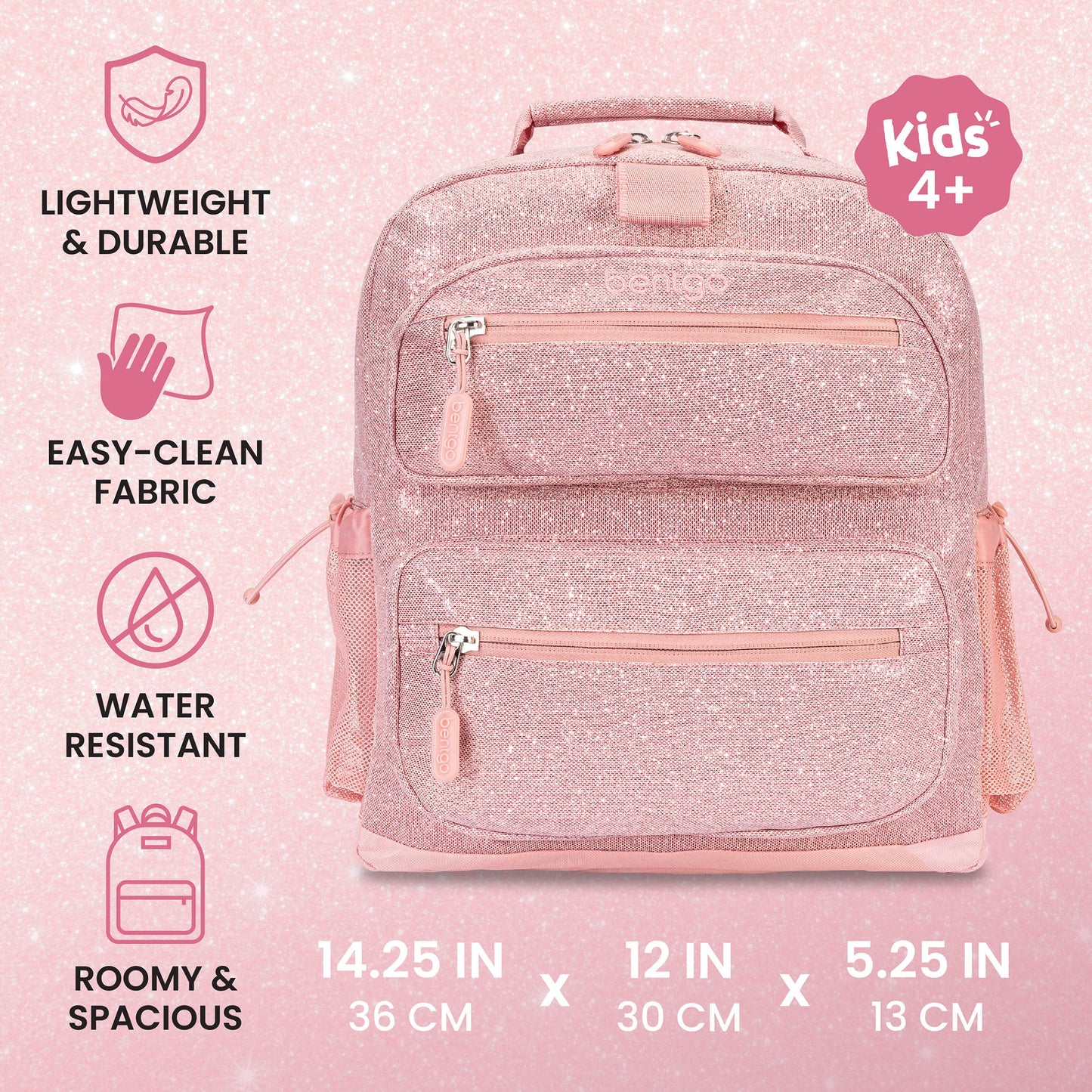Bentgo Kids Prints Backpack - Petal Pink Glitter | Lightweight & Durable, Easy-Clean Fabric, Water-Resistant, Roomy & Spacious - Product Dimensions