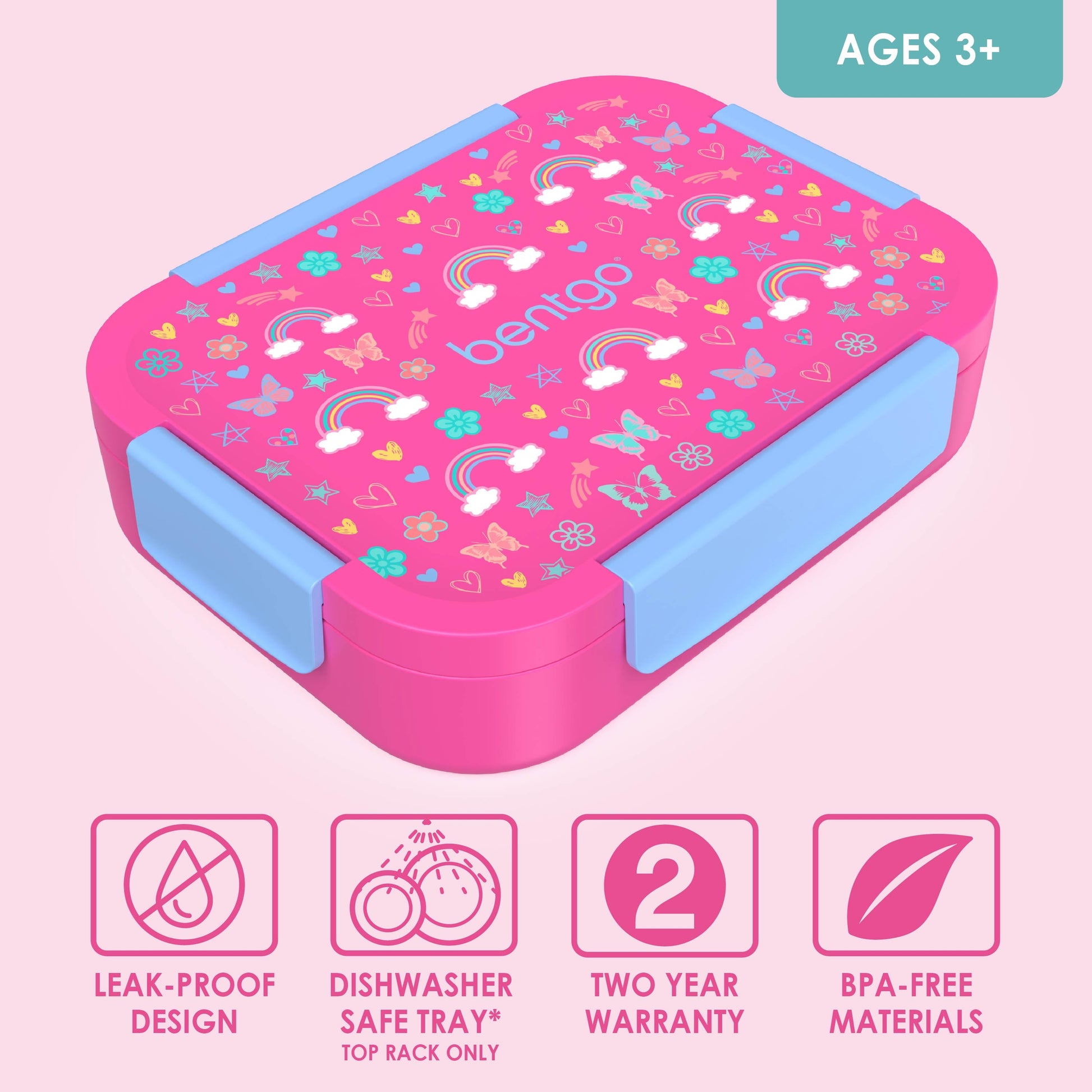 Bentgo® Kids Snap & Go Lunch Box (2-Pack) | Rainbows and Butterflies - Leak-Proof Design, Dishwasher Safe, Two Year Warranty, and BPA-Free Materials