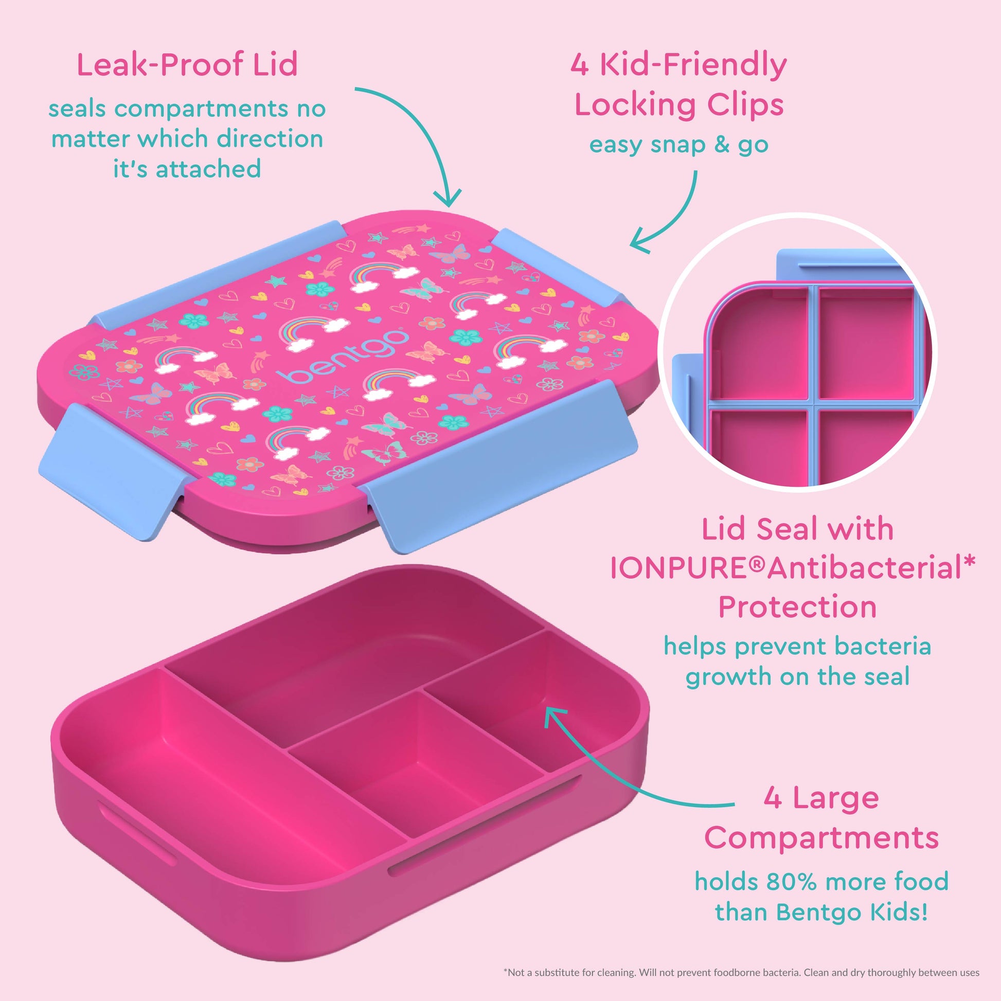 Bentgo® Kids Snap & Go Lunch Box (2-Pack) | Rainbows and Butterflies - Our Lunch Box Features A Leak-Proof Lid, Kid-Friendly Locking Clips, Lid Seal with IONPURE Antibacterial Protection, and 4 Large Compartments