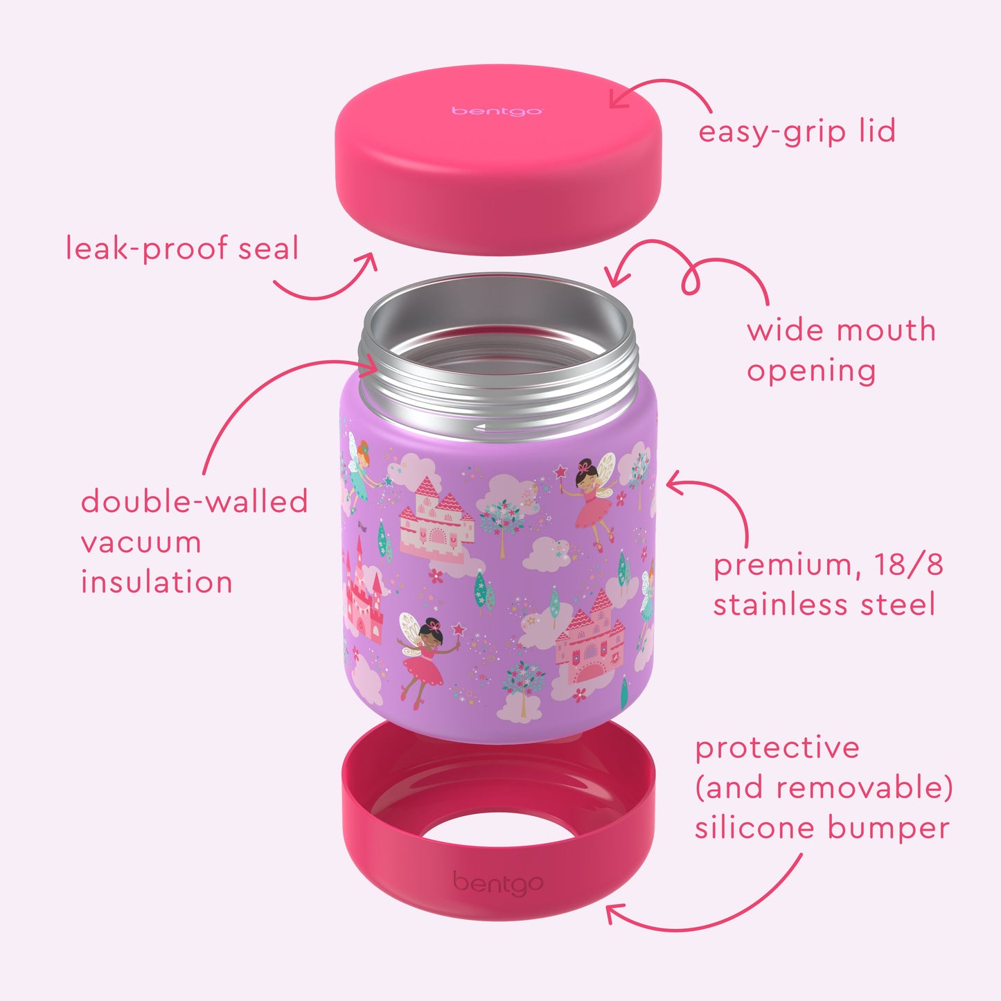 Bentgo® Kids Stainless Steel Food Jar - Fairies | Stainless Steel Food Jar Features Leak-Proof Seal, Easy-Grip Lid, Wide Mouth Opening, And Much More