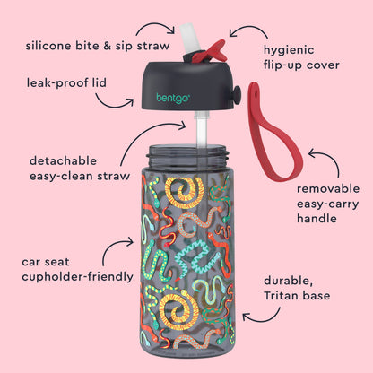 Bentgo Kids Water Bottle - Sssnakes | Silicone Bite & Sip Straw, Leak-Proof Lid, Detachable Easy-Clean Straw, Car Seat Cupholder-Friendly, Hygienic Flip-Up Cover, Removable Easy-Carry Handle, And Durable, Tritan Base