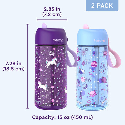 Bentgo® Kids Prints Water Bottle (2-Pack) - Unicorn/Lavender Galaxy | Dimensions + What’s In The Box