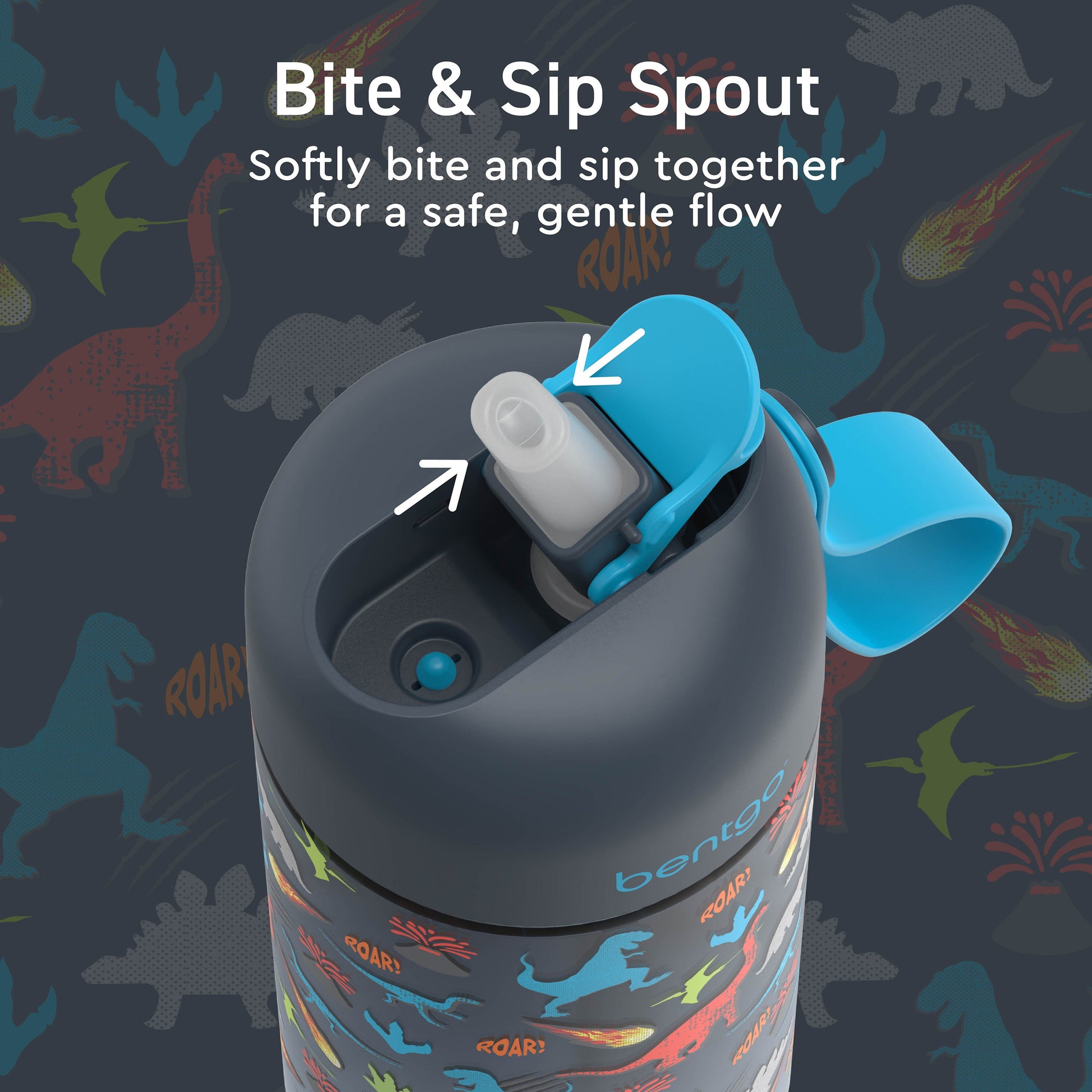Bentgo® Kids Prints Water Bottle (2-Pack) - Dinosaur/Dino Fossils | Bite & Sip Spout - Softly Bite And Sip Together For A Safe, Gentle Flow