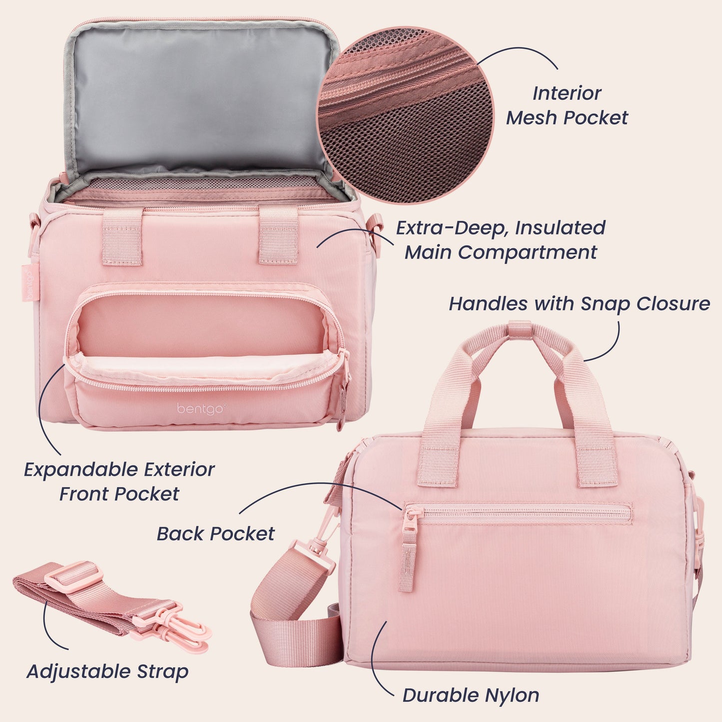 Bentgo® Insulated Lunch Bag - Soft Blush | Interior Mesh Pocket, Extra-Deep, Insulated Main Compartment, Expandable Exterior Front Pocket, Handles With Snap Closure, Durable Nylon, Back Pocket, And Adjustable Strap