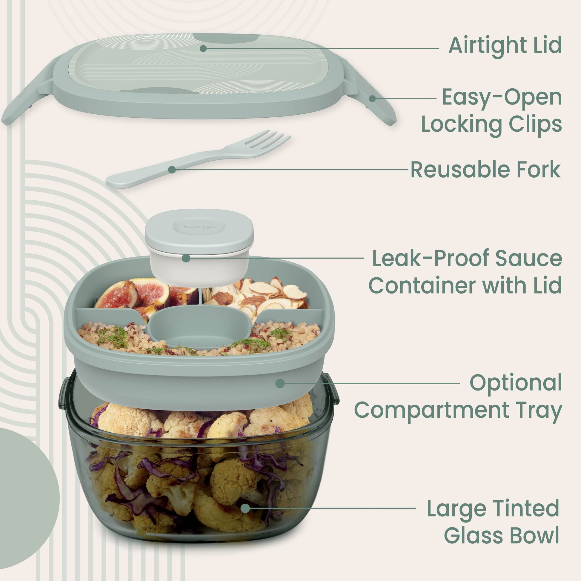 Bentgo® Glass Prints All-in-One Salad Container - Mod Curve - Serene Green | Salad Container Contains An Airtight Lid With Designer Print, Easy-Open Locking Clips, Reusable Fork, Leak-Proof Sauce Container With Lid, Optional Compartment Tray, And Large Tinted Glass Bowl