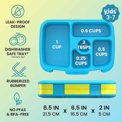 Bentgo® Kids Lunch Box - Citrus Yellow | Kids 3-7 | Leak-Proof Design, Dishwasher Safe Tray (Top-Rack Only), Rubberized Bumper, and No PFAS & BPA-Free | Product Dimensions