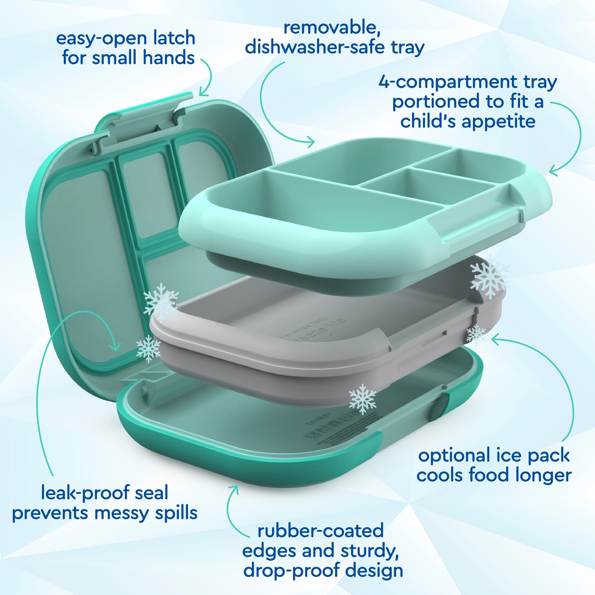 Bentgo® Chill Kids Lunch & Snack Box - Aqua | Easy-Open Latch For Small Hands, Removable, Dishwasher-Safe Tray, 4-Compartment Tray Portioned To Fit A Child’s Appetite, Leak-Proof Seal Prevents Messy Spills, Optional Ice Pack Cools Food Longer, Rubber-Coated Edges And Sturdy, Drop-Proof Design