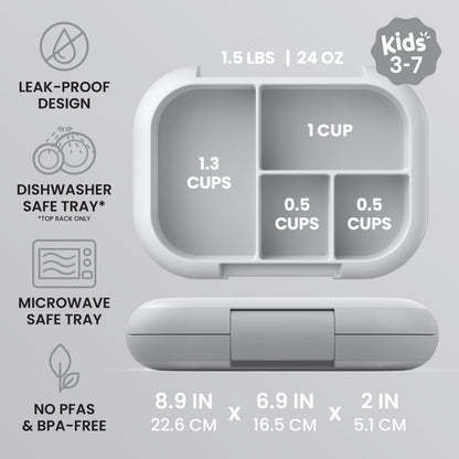 Bentgo® Chill Kids Lunch Box - Gray | Kids 3-7 | Leak-Proof Design, Dishwasher Safe Tray (Top-Rack Only), Microwave Safe Tray, and No PFAS & BPA-Free | Product Dimensions