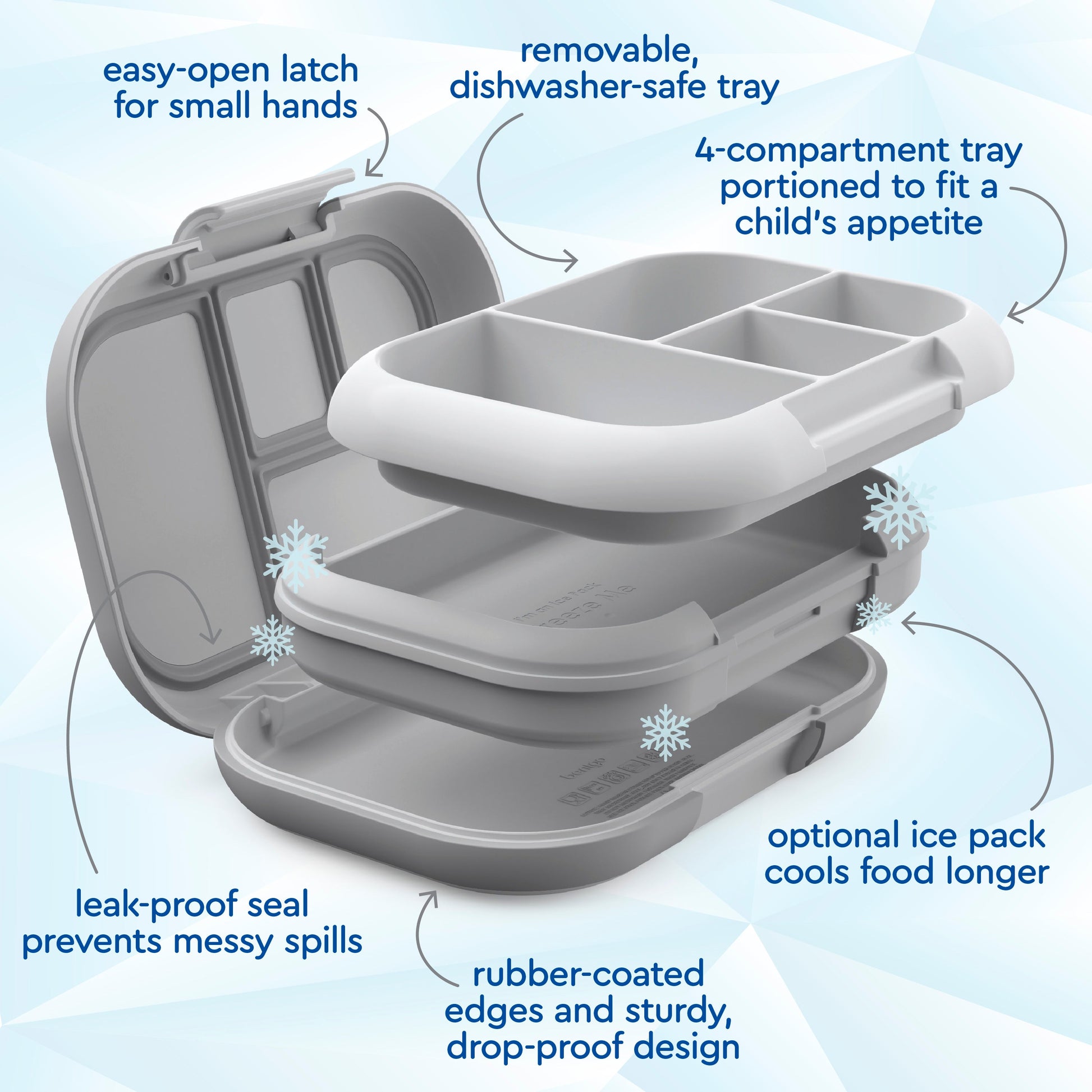 Bentgo® Chill Kids Lunch Box - Gray | Easy-Open Latch For Small Hands, Removable, Dishwasher-Safe Tray, 4-Compartment Tray Portioned To Fit A Child’s Appetite, Leak-Proof Seal Prevents Messy Spills, Optional Ice Pack Cools Food Longer, Rubber-Coated Edges And Sturdy, Drop-Proof Design