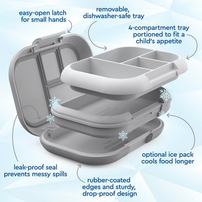 Bentgo® Chill Kids Lunch Box - Gray | Easy-Open Latch For Small Hands, Removable, Dishwasher-Safe Tray, 4-Compartment Tray Portioned To Fit A Child’s Appetite, Leak-Proof Seal Prevents Messy Spills, Optional Ice Pack Cools Food Longer, Rubber-Coated Edges And Sturdy, Drop-Proof Design
