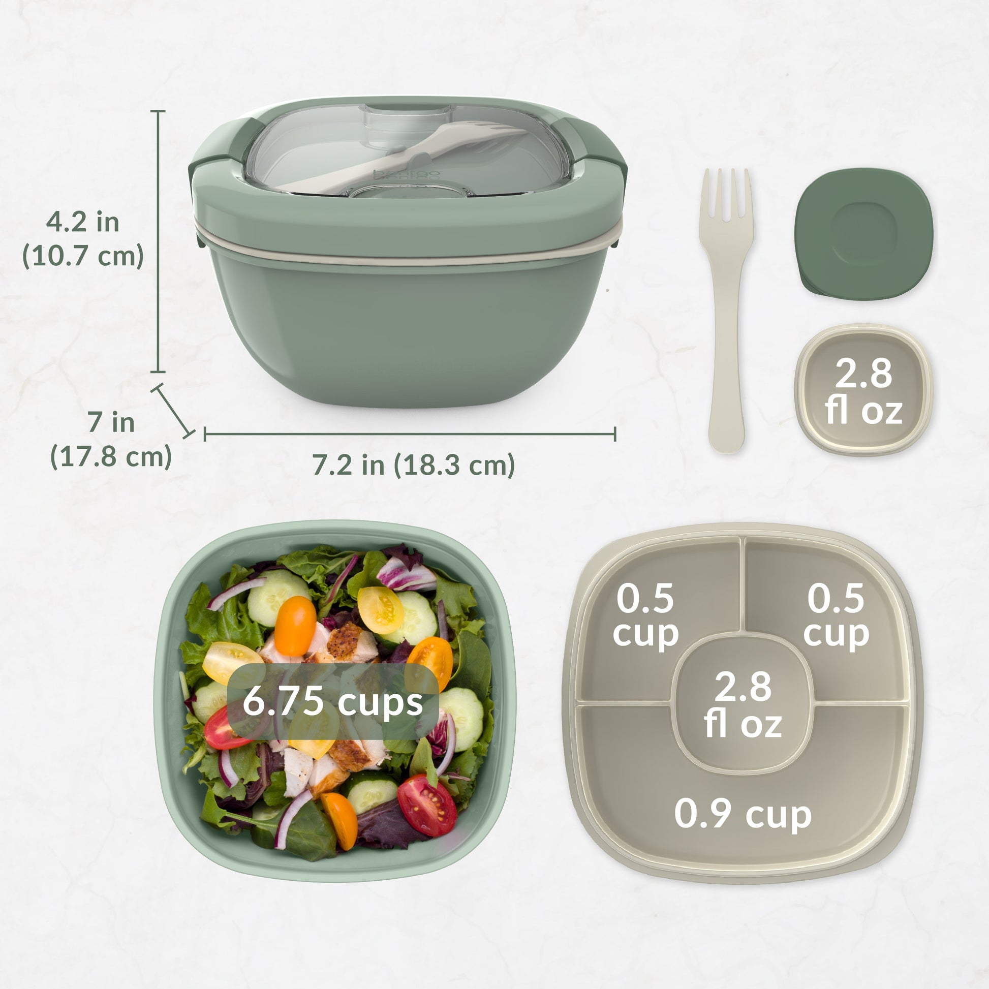 Bentgo® All-in-One Salad Container - Khaki Green | Dimensions And What’s In The Box