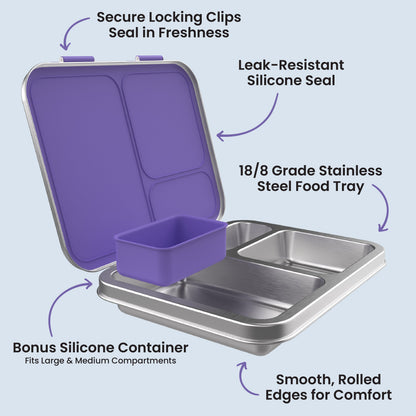 Bentgo Kids Stainless Steel Lunch Box (2-Pack) - Purple | Secure Locking Clips Seal In Freshness, Leak-Resistant Silicone Seal, 18/8 Grade Stainless Steel Food Tray, Bonus Silicone Container - Fits Large & Medium Compartments, And Smooth, Rolled Edges For Comfort