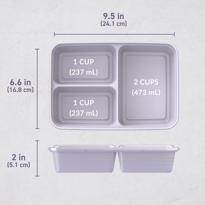 Bentgo® Prep 3-Compartment Meal Prep Containers (20-Piece) - Lilac | Dimensions