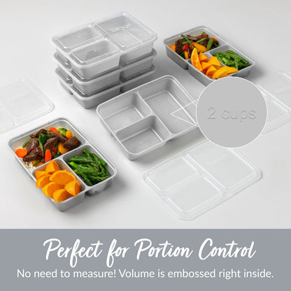 Bentgo® Prep 3-Compartment Meal Prep Containers (20-Piece) - Silver | Perfect For Portion Control - No Need To Measure! Volume Is Embossed Right Inside