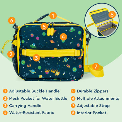 Bentgo® Kids Prints Lunch Bag - Space | Adjustable Buckle Handle, Mesh Pocket for Water Bottle, Carrying Handle, Water-Resistant Fabric, Durable Zippers, Multiple Attachments, Adjustable Strap, Interior Pocket