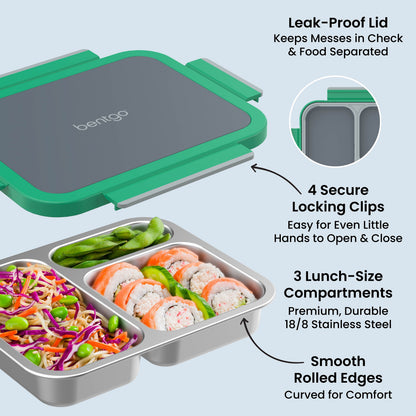 Bentgo Stainless Steel Snack Box - Gray Leaf | Leak-Proof Lid - Keeps Messes In Check & Food Separated, 4 Secure Locking Clips - Easy For Even Little Hands To Open & Close, 3 Lunch-Size Compartments - Premium, Durable 18/8 Stainless Steel, And Smooth Rolled Edges - Curved For Comfort
