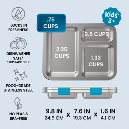 Bentgo® Kids Stainless Steel Prints Lunch Box - Dinosaur | Locks In Freshness, Dishwasher Safe (Top Rack Only), Food-Grade Stainless Steel, and No PFAS & BPA-Free | Product Dimensions