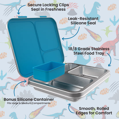 Bentgo® Kids Stainless Steel Prints Lunch Box - Dinosaur | Secure Locking Clips - Seals In Freshness, Leak-Resistant Silicone Seal, 18/8 Grade Stainless Steel Food Tray, Smooth Rolled Edges For Comfort, Bonus Silicone Container - Fits Large & Medium Compartments