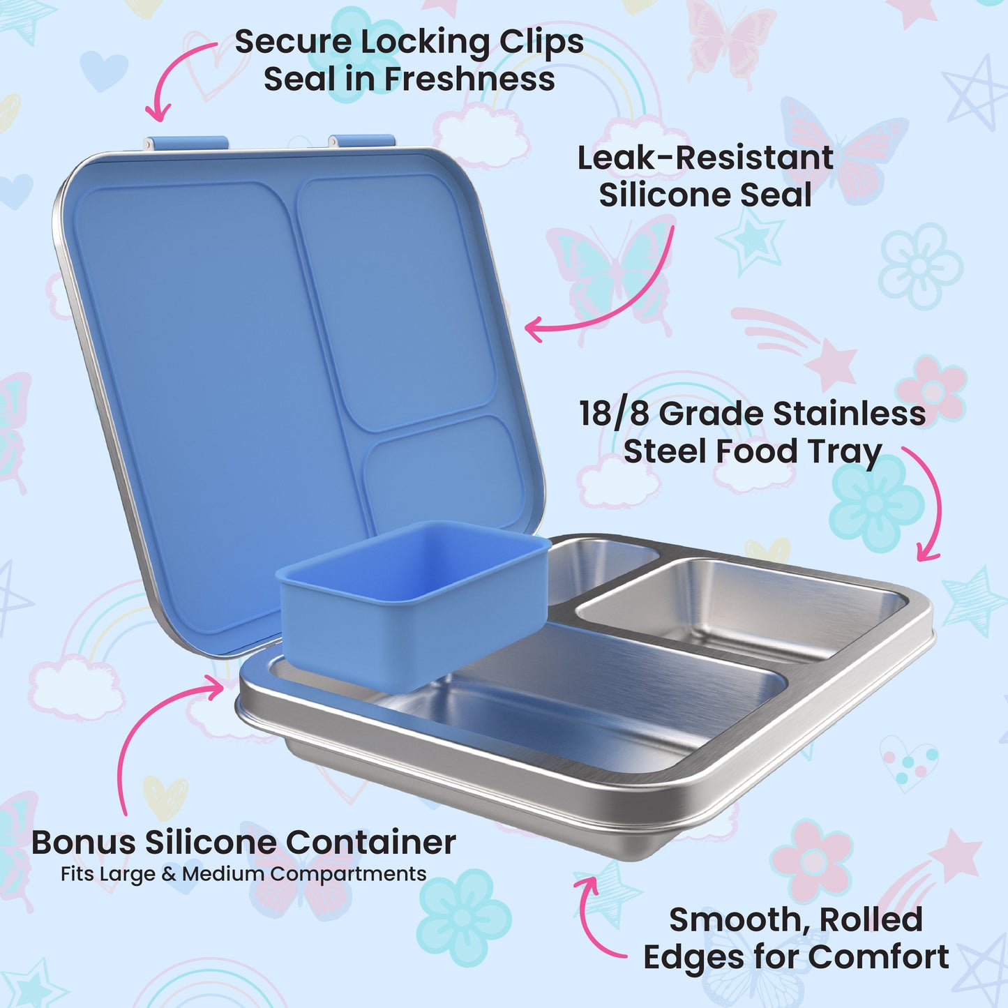 Bentgo® Kids Stainless Steel Prints Lunch Box - Rainbows and Butterflies | Secure Locking Clips - Seals In Freshness, Leak-Resistant Silicone Seal, 18/8 Grade Stainless Steel Food Tray, Smooth Rolled Edges For Comfort, Bonus Silicone Container - Fits Large & Medium Compartments